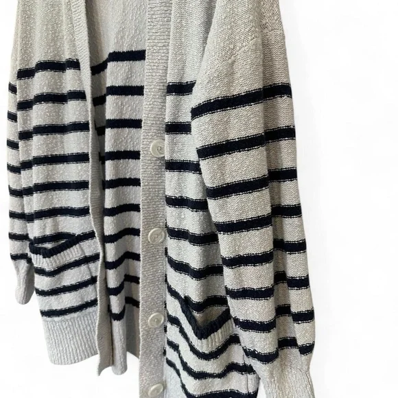 Loft 100% Cotton Striped Cardigan Boucle Accents White and Navy Medium - Picture 4 of 6